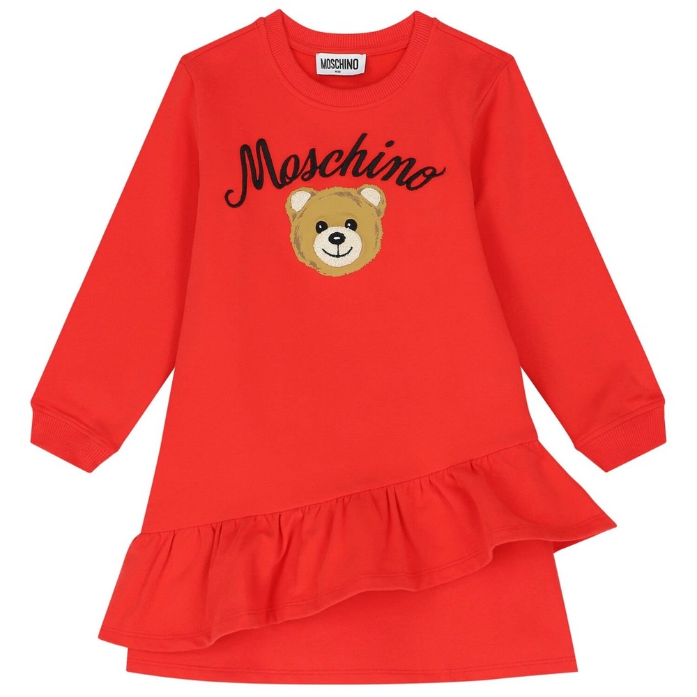 Moschino Red Embroidered Logo Teddy Bear Print Cotton Ruffled Dress Size 8 Fit